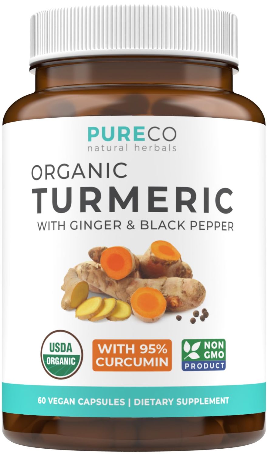 USDA Organic Turmeric Curcumin with Black Pepper and Ginger 2 Month Supply Joint Support Supplement with Tumeric and Ginger Root Powder - Organic Turmeric Supplement - 60 Vegan Capsules No Pills