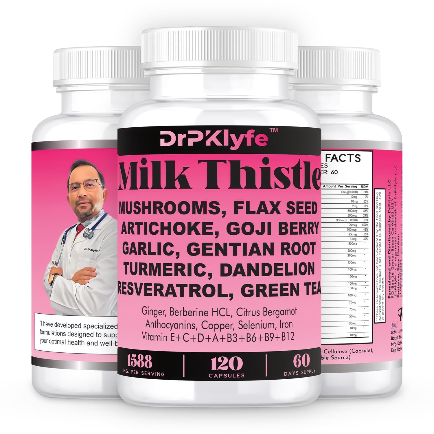 DrPKLyfe Milk Thistle Capsules for Liver Detox &amp; Cleanse Support - with Dandelion Root, Resveratrol, Artichoke, Moringa, Silymarin - 120 Capsules 60-Day Supply