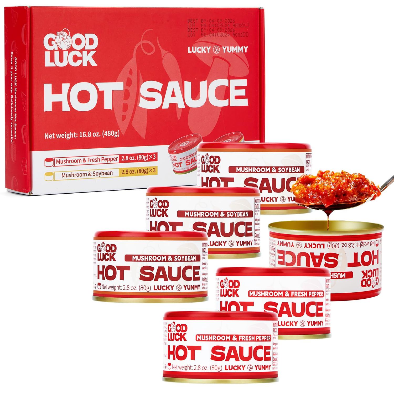 GOOD LUCK Mushroom Hot Sauce, Spicy Chili Oil and Chili Paste with High-Grade Instant Mushroom Sauce, Chopped Chili Sauce,Fresh Pepper,Soybean,Garlic,6 Cans