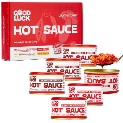 GOOD LUCK Mushroom Hot Sauce, Spicy Chili Oil and Chili Paste with High-Grade Instant Mushroom Sauce, Chopped Chili Sauce,Fresh Pepper,Soybean,Garlic,6 Cans