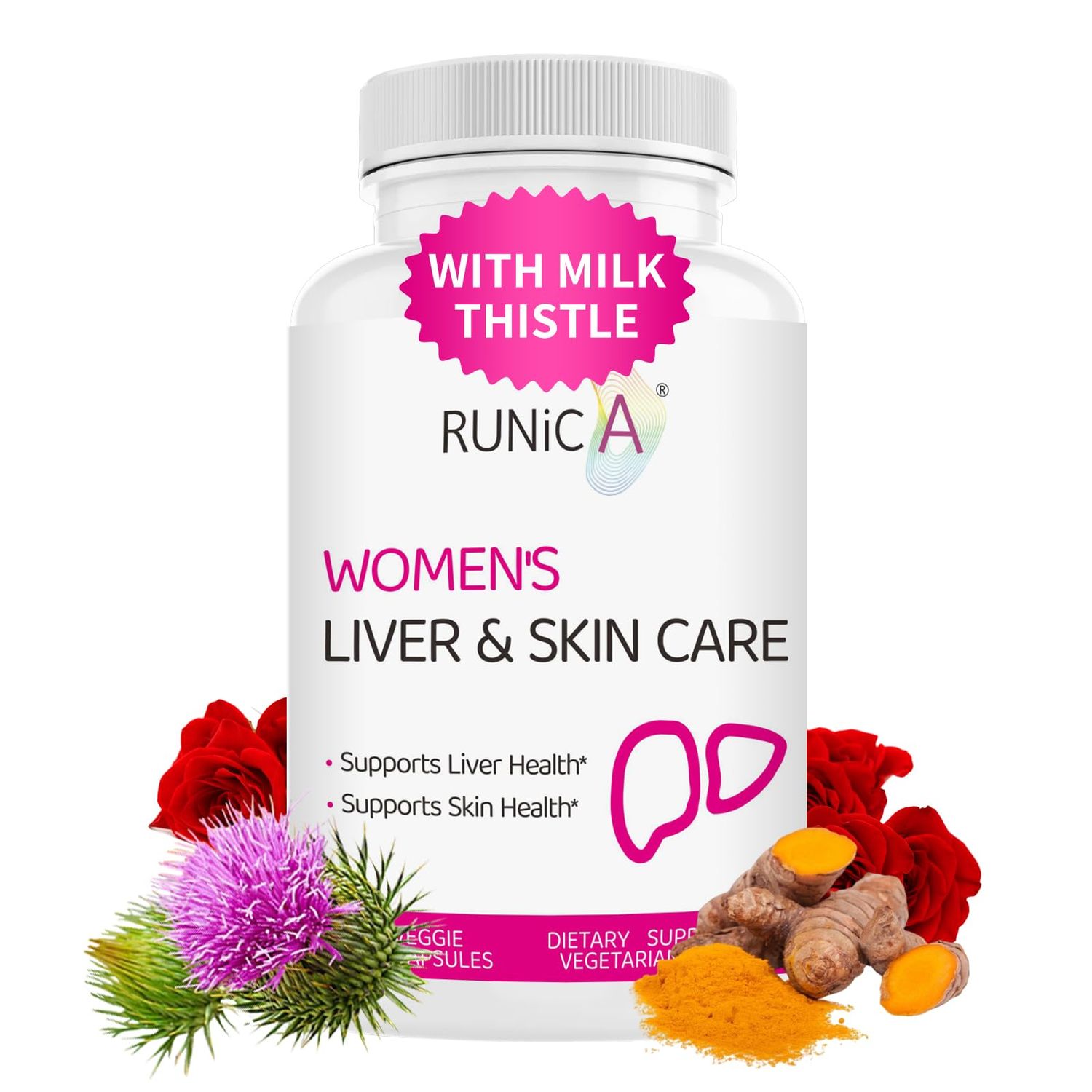 RUNICA Women&#39;s Liver &amp; Skin Support: Liver Cleanse, Detox, Repair &amp; Support Supplement with Milk Thistle, Turmeric, Niacinamide, Alpha-Lipoic Acid, L-Glutathione &amp; Rose Extract - 60 Capsules
