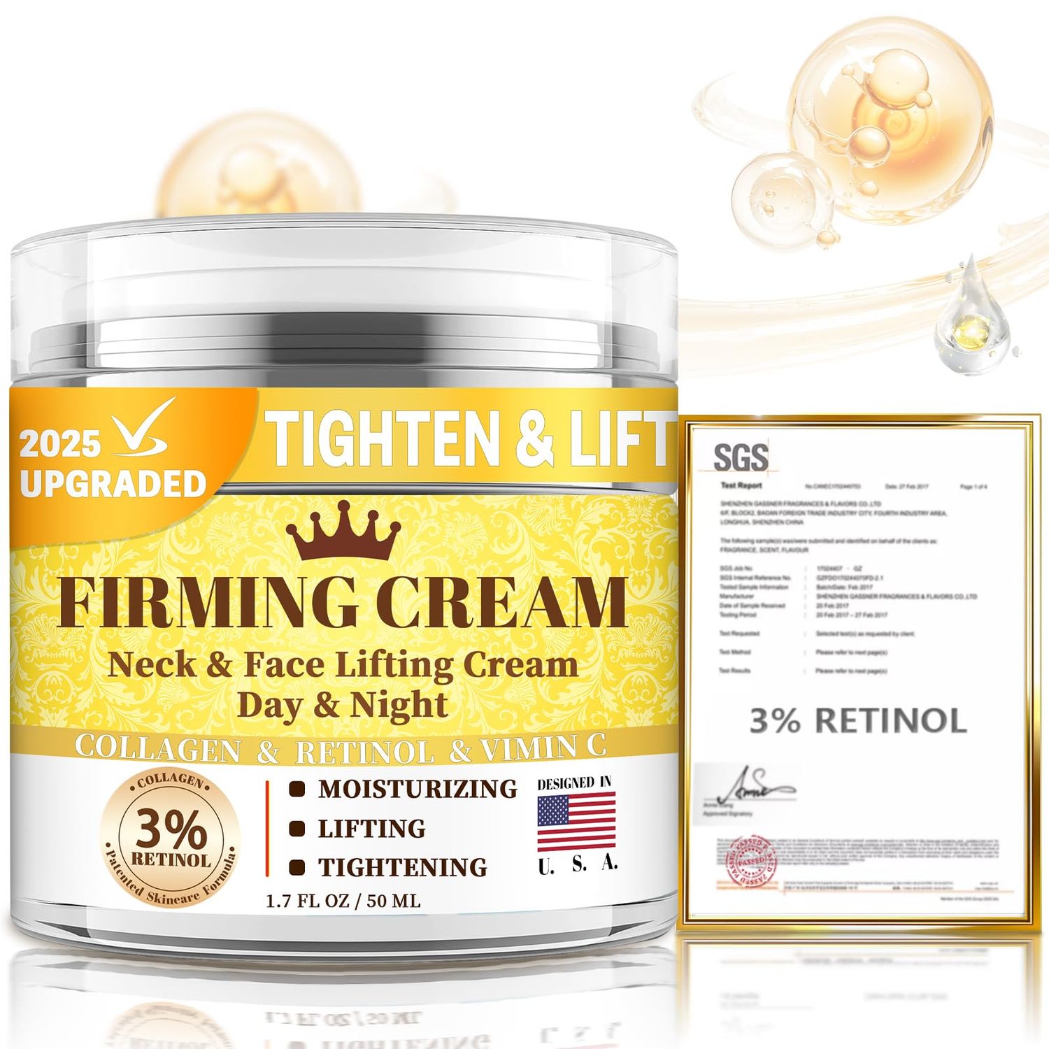 3 Retinol Cream Face Moisturizer, Anti Aging Neck Firming Cream with Collagen, Day &amp; Night Face Lotion, Lifting &amp; Tightening Wrinkle for Women &amp; Men, 1.7 FL OZ