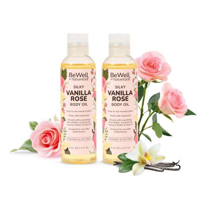 NATURE WELL Moisturizing Lightweight Vanilla Rose Scented Multi-Purpose Body Oil For Smooth &amp; Glowing Skin, Infused With Botanicals, Shea Butter, Coconut Oil, Cupuacu Butter, Pack of 2 6 Fl Oz Each