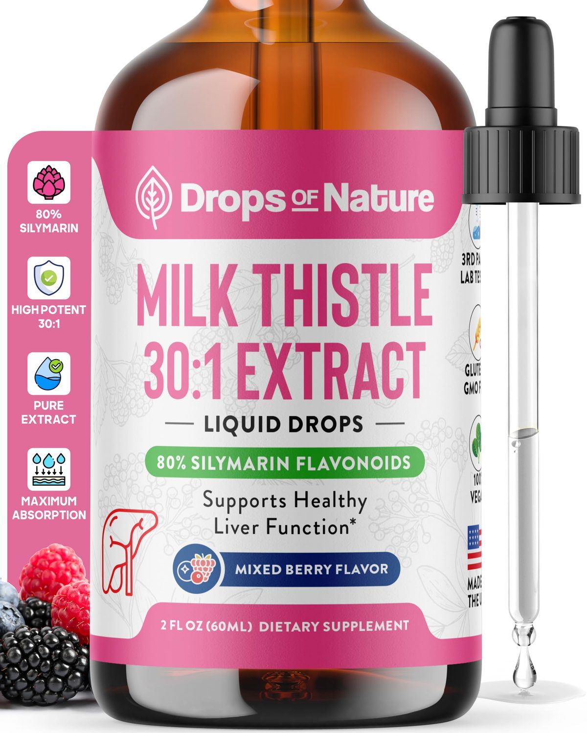 Milk Thistle Supplement Liquid Drops with 80 Silymarin Flavonoids - Vegan, Organic Milk Thistle Extract - Easily Mix with Tea Daily for Antioxidant Properties, Liver, Immune Care Mixed Berry, 60 mL