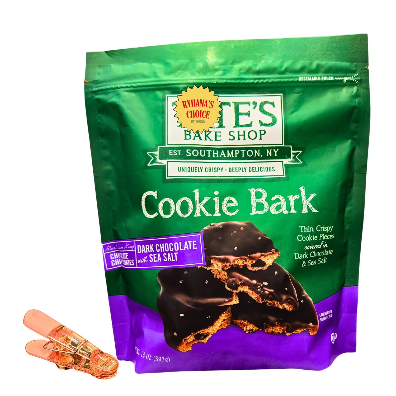 The Bake Shop Dark Chocolate Cookie Bark with Sea Salt, 14 oz, Thin Crispy Cookies with Bonus Bag Sealer Clip by RH940