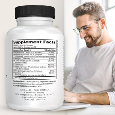Daily Defense Nootropics Brain Support Supplement - 30 Capsules - Focus & Memory Supplement for Brain with Bacopa Monnieri, Huperzia Serrata, St. John's Wort & Ginkgo Biloba - Neuro Support