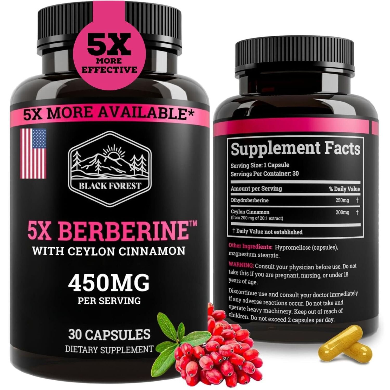 Black Forest 5X Berberine a Dihydroberberine Supplement Super Berberine Now 5X More Effective Than Regular Berberine HCL Best Dihydroberberine with Ceylon Cinnamon - Similar to Berberine Phytosome