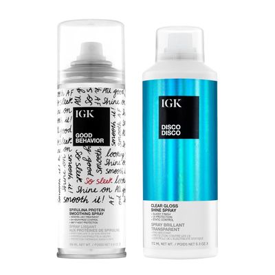 IGK Glass Hair Duo Good Behavior Spirulina Smoothing Spray Disco Disco Clear Gloss Shine Spray Keratin Like Treatment Glossy Finish 5.6 oz 5.3 oz