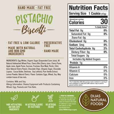 DIJAS Natural Foods, Individually Wrapped Fat Free Biscotti Cookies, All Natural Preservative Free Ingredients, Delicious Low Calorie Snack 12 oz, Pistachio