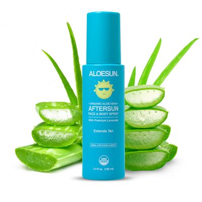 ALOESUN After Sun Face and Body Spray Non Sticky Organic Aloe Vera for Sun Exposure Relief with Pure Lavender Essential Oil Natural Aftersun Skin Moisturizer for Redness Travel Size 3.4 Fl Oz