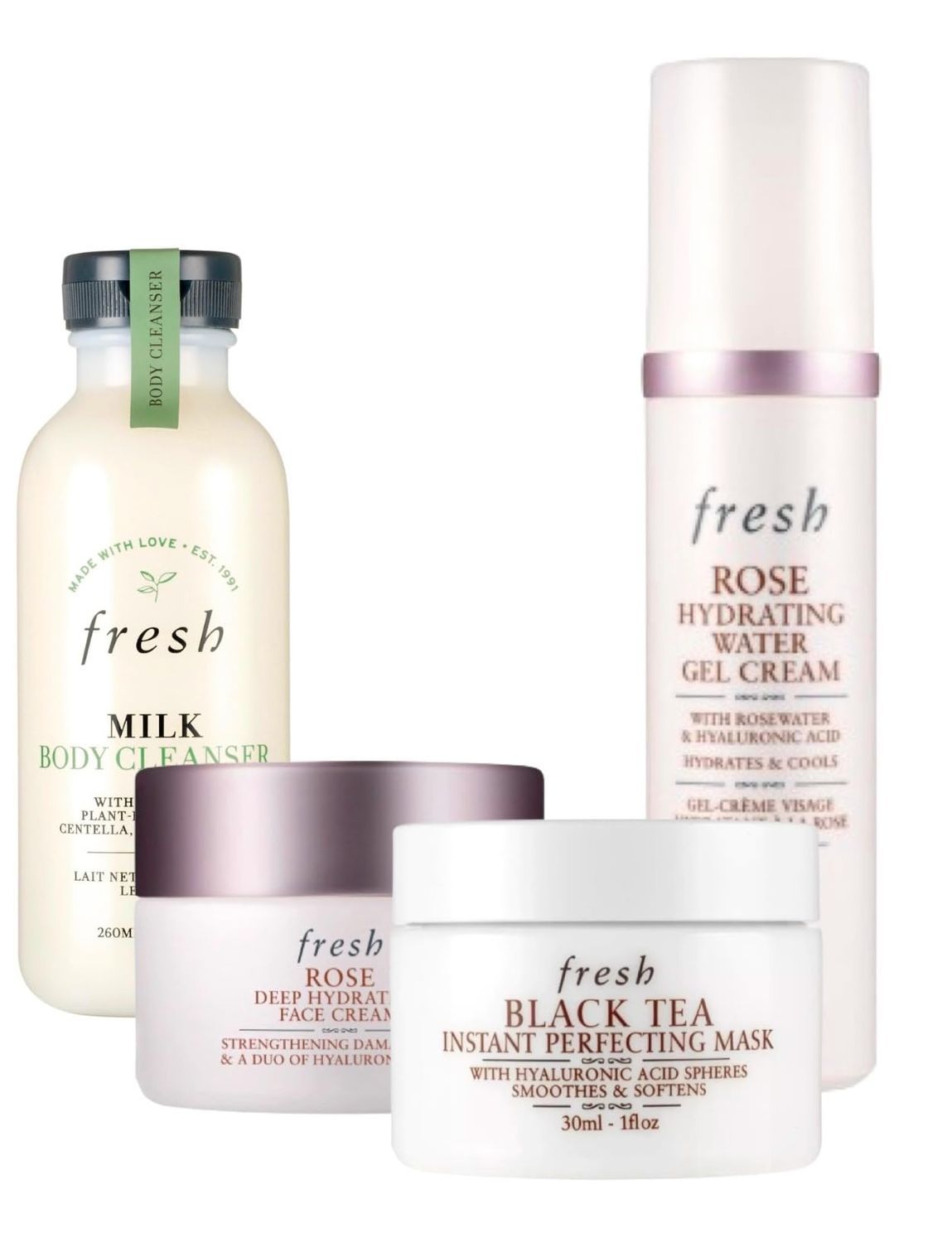 Fresh Rose Deep Hydration Face Cream, Milk Body Cleanser, and Black Tea Kombucha Set