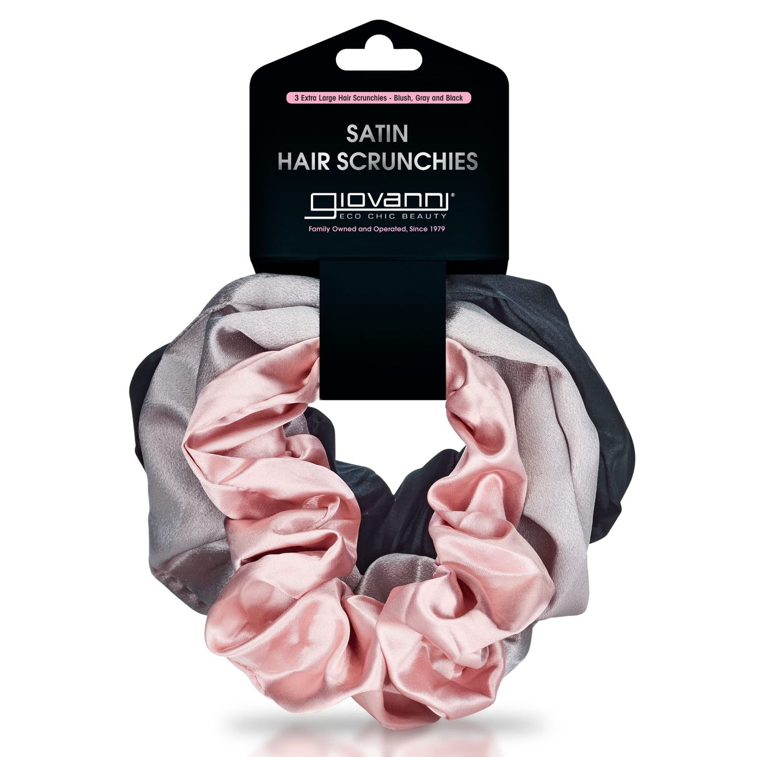 GIOVANNI Satin Hair Scrunchies Pack of 3 Blush, Gray, Black Silky Satin Material, Stylish Neutral Tones, Wont Pull or Tangle Hair, Gently Keeps Hair in Place All Day, Promotes Healthy Hair and Skin