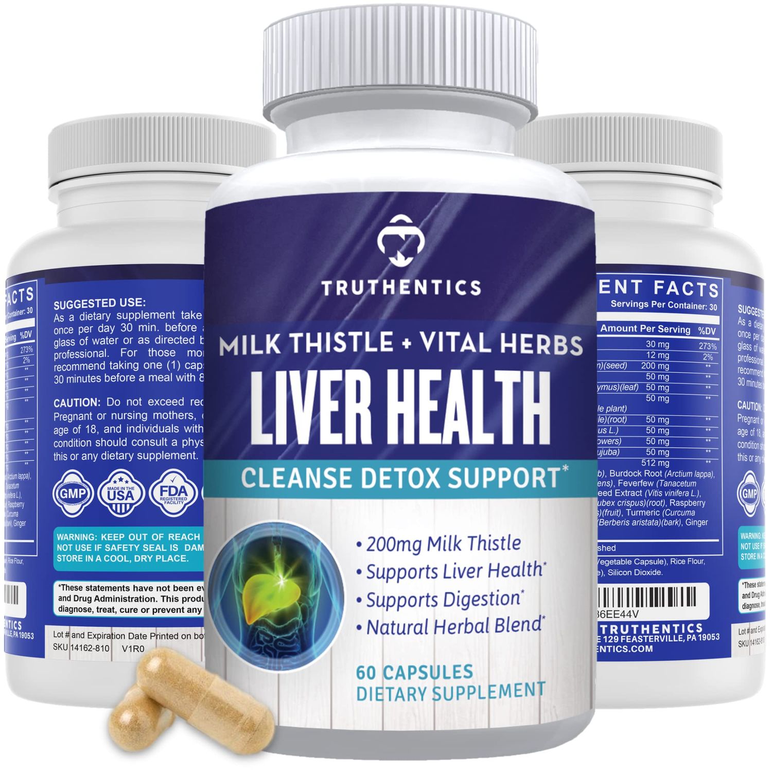TRUTHENTICS Liver Health Supplement - Milk Thistle Liver Health Formula with Artichoke Extract, Dandelion, Turmeric, and More - Natural Detox Support for Men &amp; Women - 60 Capsules
