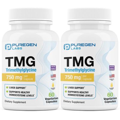 Puregen Labs TMG 750 mg - Trimethylglycine Supplement - Non-GMO, NO Gluten and Dairy Made in USA - 2 Pack Total 120 Vegetarian Capsules