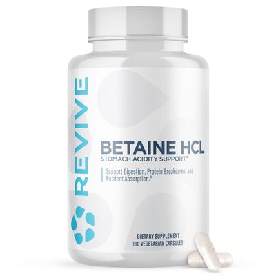 Revive MD Betaine HCL with Pepsin Digestive Enzymes, 180 Vegetarian Capsules - Betaine Hydrochloride Supplement Supports Healthy Digestion &amp; Nutrient Absorption - Helps with Stomach Acid Levels