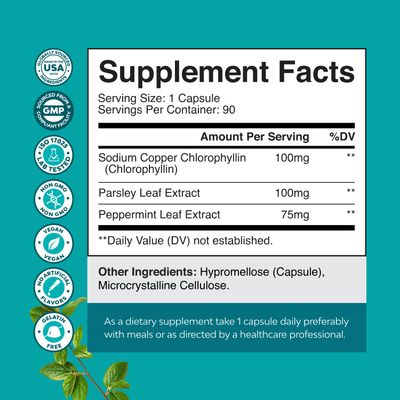 Chlorophyll Capsules for Cleanse and Detox Support - Internal Deodorant Pills for Body Odor with Mint &amp; Parsley Extract Healthy Skin Immunity &amp; Digestive Support - Vegan Non-GMO &amp; Gluten Free 90ct