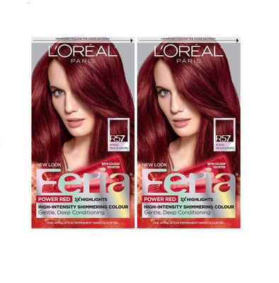 L&#39;Oreal Paris Feria Multi-Faceted Shimmering Permanent Hair Color, R57 Intense Medium Auburn, Hair Dye Kit, Pack of 2