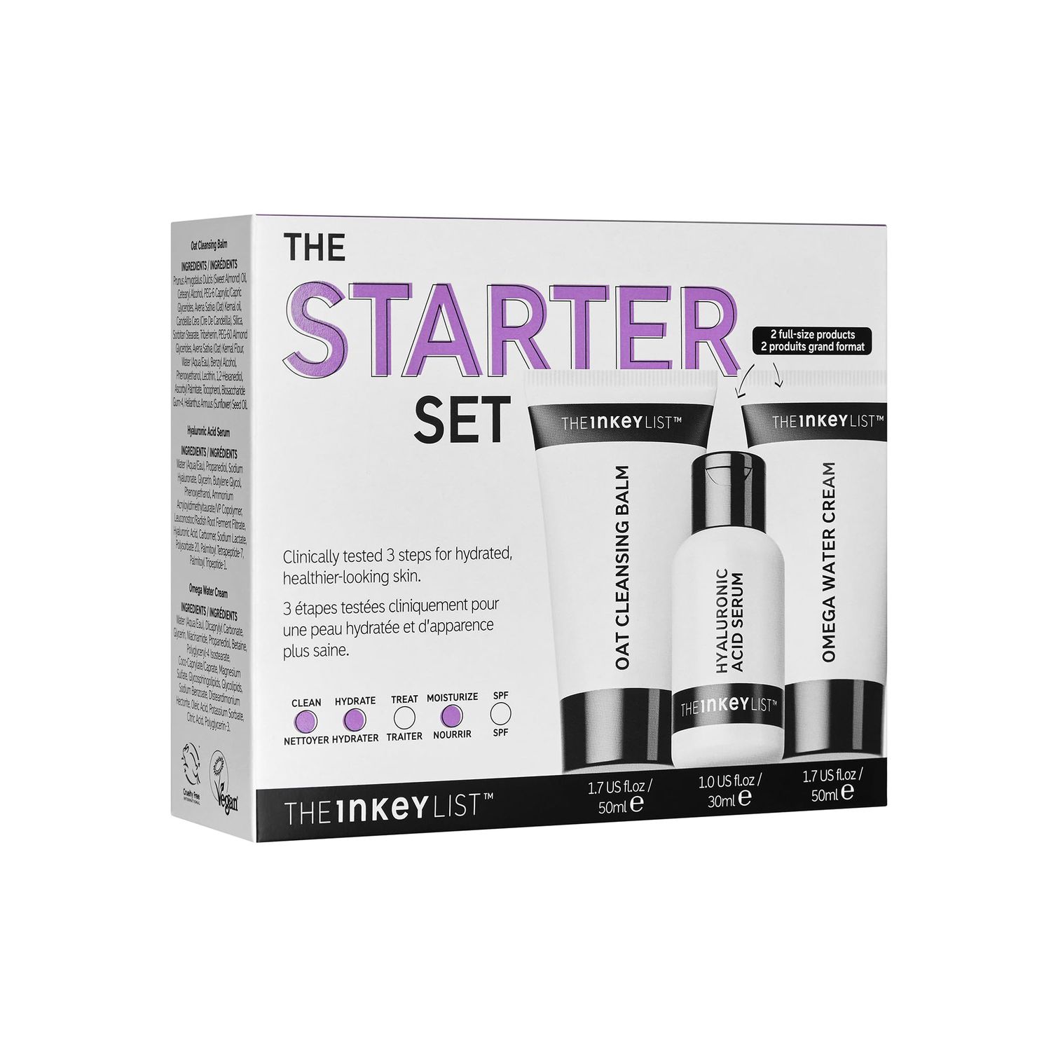 The INKEY List Starter Set, Oat Cleansing Balm, Hyaluronic Acid Serum &amp; Omega Water Cream, Nourishing Skincare Set, Gentle Cleanser, Suitable For All Skin Types