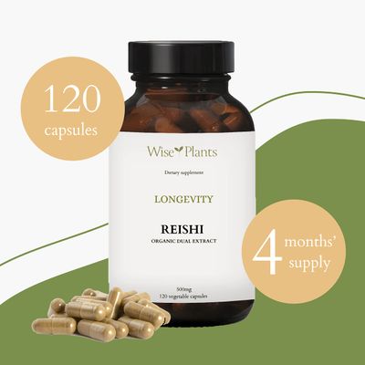 Wise Plants Reishi Mushroom Supplement. Dual Extract, Pure Fruiting Body, 30 Polysaccharides, 500 mg, 120 vegecaps 120-Day Supply. Can Support Healthy Immune and Liver Function.