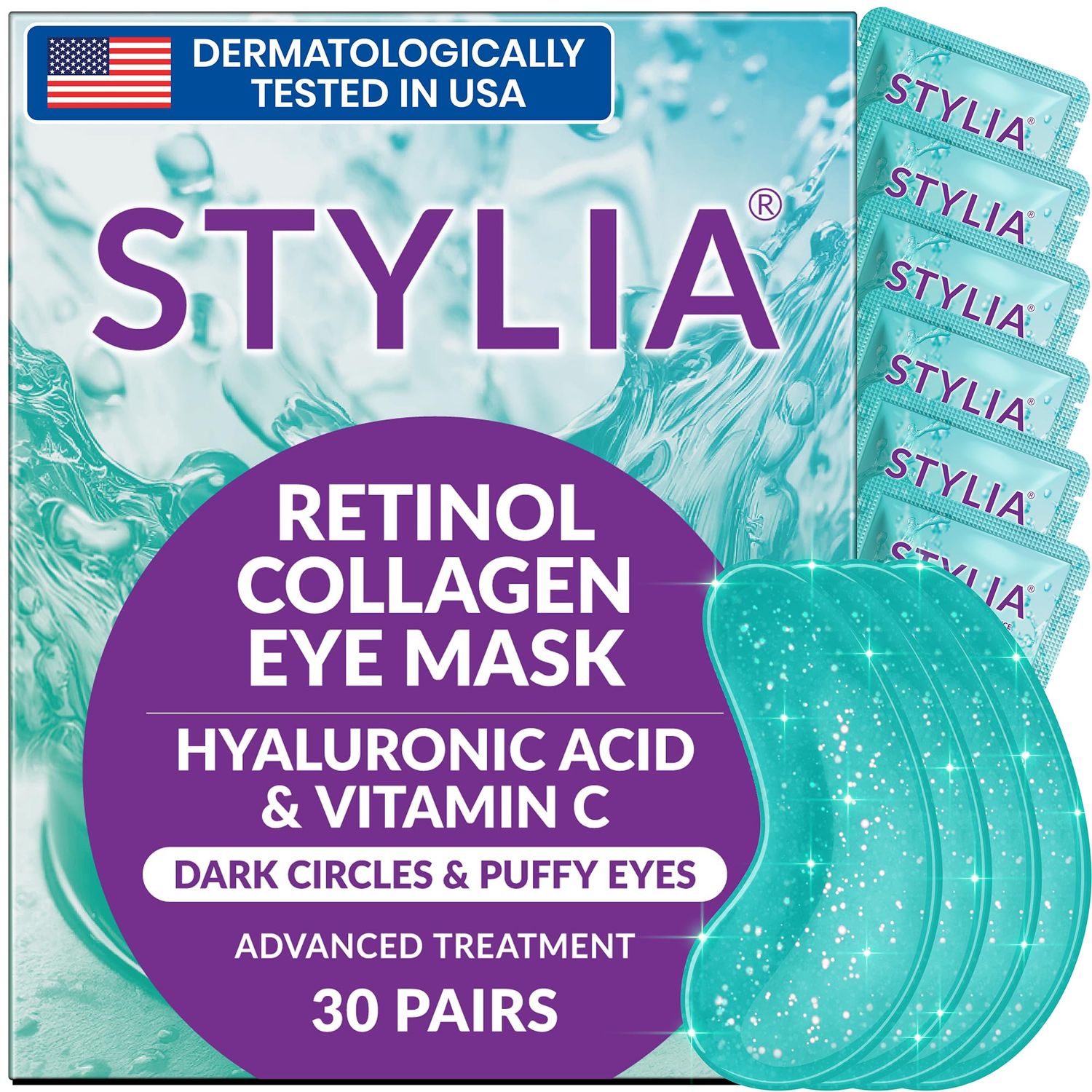 Stylia Under Eye Patches for Puffy Eyes and Dark Circles 30 Pairs - Marine Collagen Under Eye Mask with Retinol, Vitamin C, Hyaluronic Acid, Pearl Extract - Eye Masks for Dark Circles and Puffiness