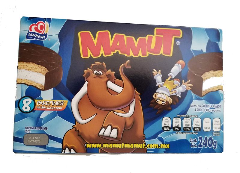 Gamesa Mamut. Irresistible Mexican Cookiecandy. Marshmallow Filled &amp; Chocolate Cover. 1 box 8 individual pack. Great for lunch, camping, snack. Kids favorite snack.