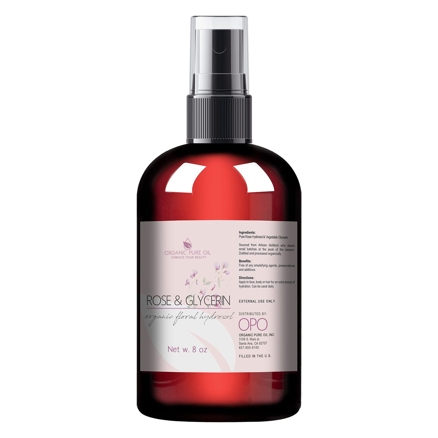 Rosewater Glycerin Mist Toner Bulk Spray Facial Body Floral Cleanser Pure Rose Hydrosol and Vegetable Glycerine Moisturizing Cleansing Toning Mix for Face Skin Hair Body 8 Ounces