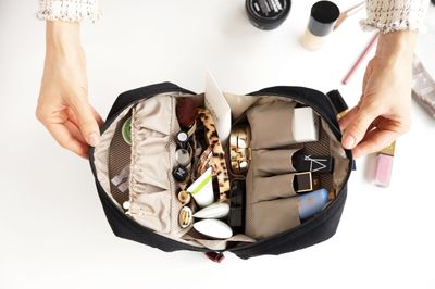 Invite.L Grande Large Capacity Portable Travel Stand Up Cosmetic Bag with Organized Pockets Wide Open Organizer for Makeup Work Essentials Korean Beauty Case Black