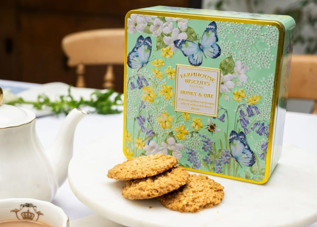 Farmhouse Biscuits, Spring Honey &amp; Oat British Cookies in Decorative Tin, Imported, 10.5 oz