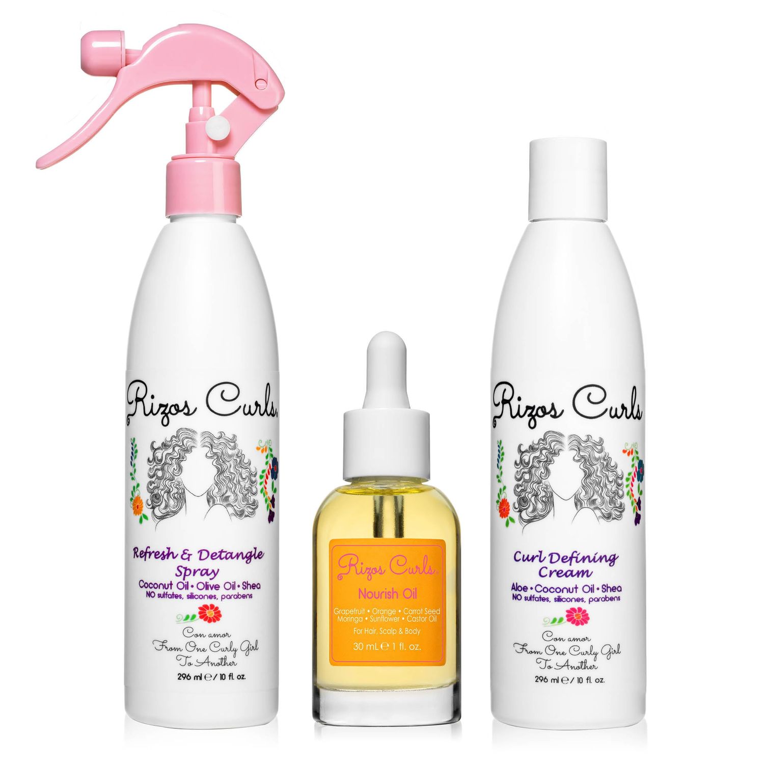 Rizos Curls LOC Method Bundle, Refresh and Detangle Spray &amp; Nourish Oil &amp; Curl Defining Cream Bundle, Add Deep Moisture while Detangling and Adding Shine