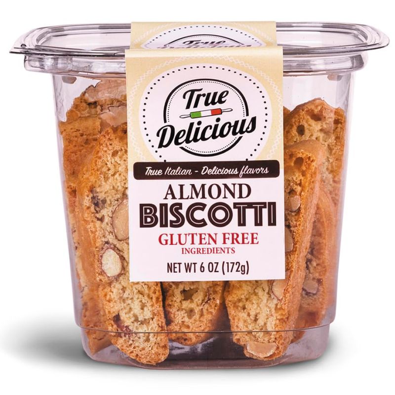 True Delicious GLUTEN FREE INGREDIENTS ALMOND BISCOTTI, buttery, fine Italian cookies, baked twice 4 boxes of 6oz each