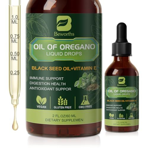 B BEWOTHS Oregano Oil Drops, Oil of Oregano with Black Seed Oil, Vitamin E, Wild Harvest Oil of Oregano Liquid Herbal Blend for Immune, Antioxidant, Digestive Gut Cleanser, Kidney Health Support-Vegan