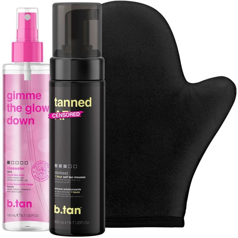 b.tan Dark Self Tan Foam &amp; Face Mist Kit b.tan Glow Bundle - Sunless Tanning Mousse, Bronzing Gradual Facial Body Spray, Mitt Applicator, 1 Hour Express, No Fake Tanner Smell, 6.7 Fl Oz