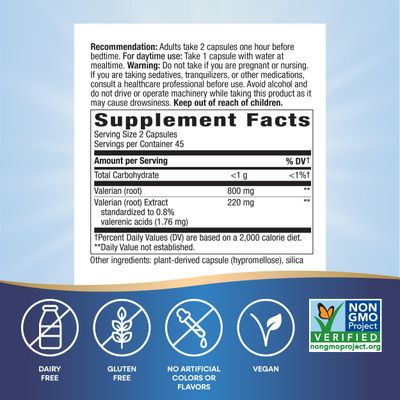 Nature's Way Valerian Premium Extract - 220 mg of valerian extract per 2-capsule Serving - Supports Restful Sleep - Non-GMO Project Verified - Herbal Supplements - Gluten Free - 90 Capsules