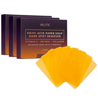 VALITIC Turmeric Kojic Acid Cleansing Soap Melting Sheets - Dark Spot Corrector Paper Soap - 100 Travel Size Facial Exfoliating Sheets With Vitamin C, Retinol, Collagen - 3 Pack