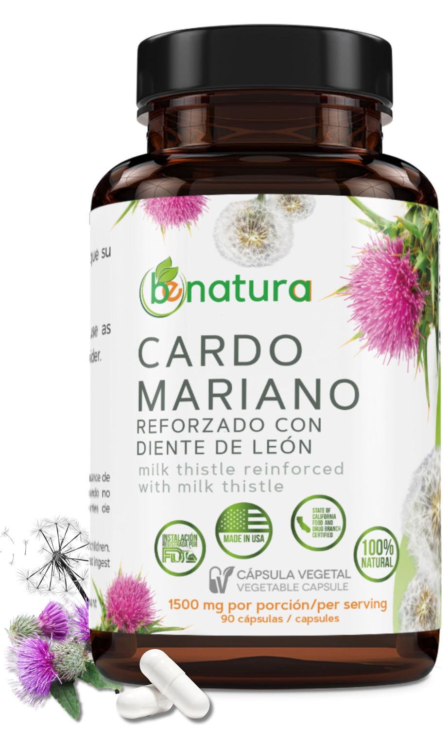 Cardo Mariano reforzado con diente Leon Milk Thistle Reinforced with Milk Thistle 90 Vegetable Capsule 1500 mg per Serving, Root Liver Health Support, Antioxidant Support, 100 Natural, Made in USA