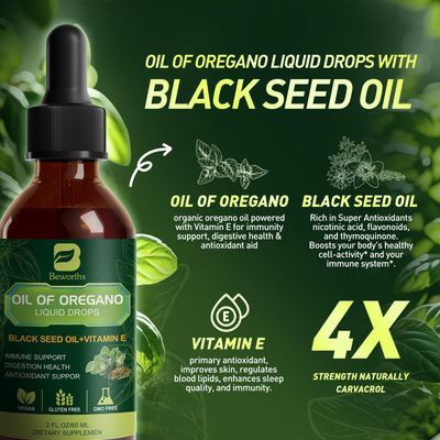 B BEWOTHS Oregano Oil Drops, Oil of Oregano with Black Seed Oil, Vitamin E, Wild Harvest Oil of Oregano Liquid Herbal Blend for Immune, Antioxidant, Digestive Gut Cleanser, Kidney Health Support-Vegan