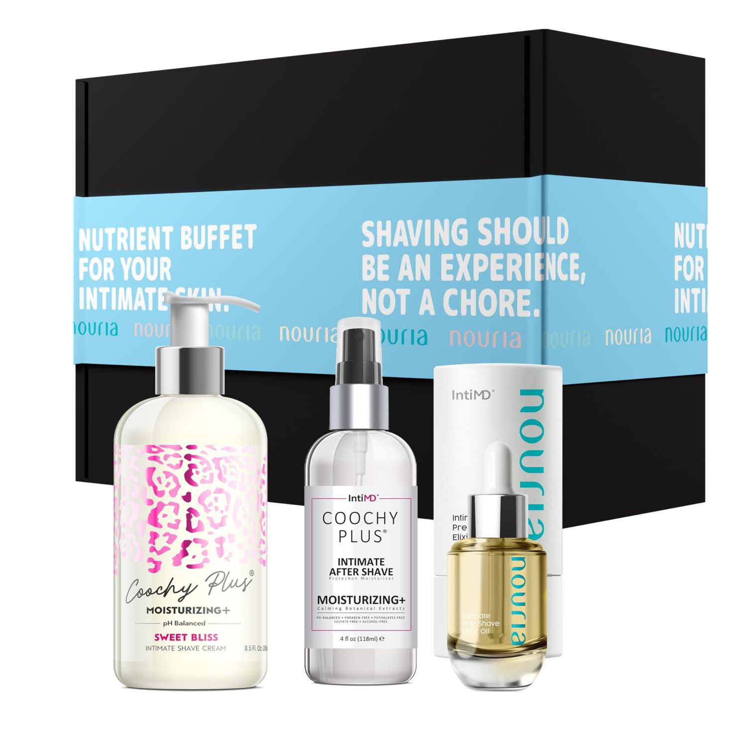Coochy Plus HydroLock MOISTURIZING 3-Steps Kit Intimate Shave Gift Set: NOURIA Pre-Shave Elixir Oil Coochy Plus Shave Cream Sweet Bliss Coochy Plus After Shave Protection Mist