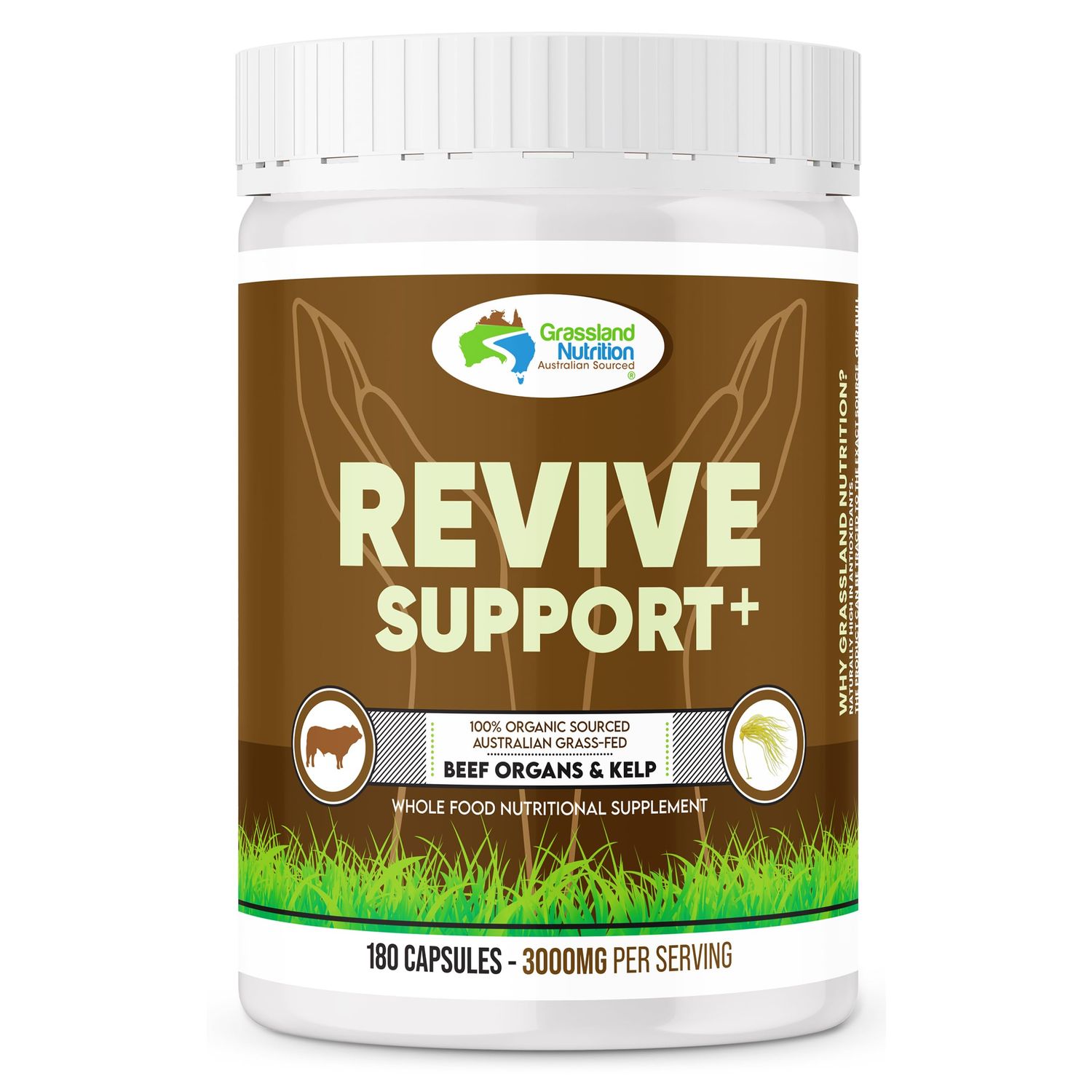 GRASSLAND NUTRITION 100 Organic Australian: Revive Support Beef Organ Blend - Natural B12, Iodine, Iron &amp; Vitamin A 180 Capsules
