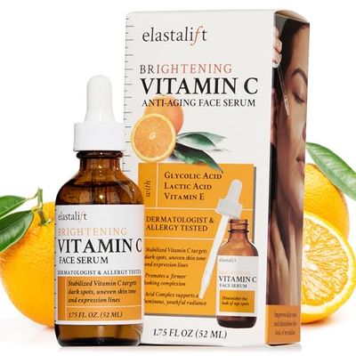Elastalift Vitamin C Facial Serum For Age Spots, Wrinkles, &amp; Expression Lines. Anti-Aging Face Serum WVitamin C &amp; Hyaluronic Acid Brightens Skin To Promote Healthier Skin Complexion, 1.75 Fl Oz