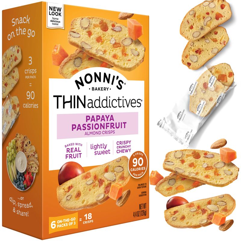 Nonni's THINaddictives Almond Thin Cookies - Papaya &amp; Passionfruit Almond Cookie Thins - Biscotti Italian Cookies - Biscotti Individually Wrapped Cookies - Kosher Coffee Cookies - 4.4 oz