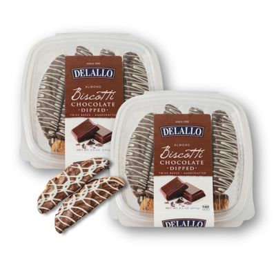 DeLallo Chocolate Dipped Biscotti Cookies, Twice-Baked Authentic Italian Recipe, All Natural Tuscany Biscuits Dipped in Velvety Dark Chocolate and Drizzled with White Chocolate, 8.5 oz Container, Pack