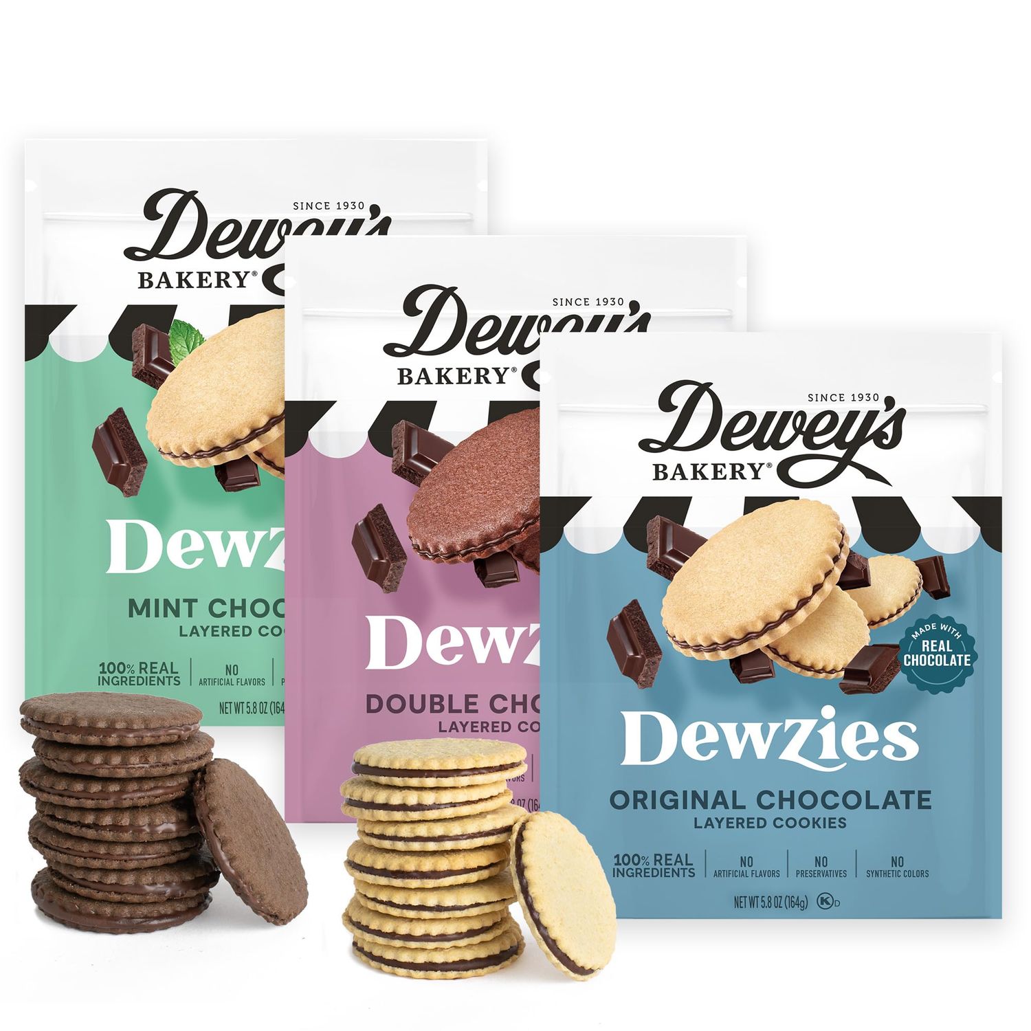Dewzies Chocolate Layered Cookies Variety Original Chocolate, Mint Chocolate, Double Chocolate Bakery Fresh with Real Simple Ingredients No Artificial Flavors or Synthetic Colors Pack of 3