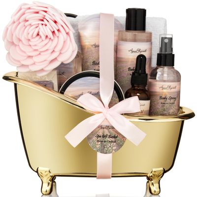 Spa Gift Baskets For Women - Luxury Bath Set With Rose Oil &amp; Orchid - Spa Kit Includes Body Wash, Bubble Bath, Lotion, Body Butter, Soap, Body Spray, Shower Puff, and Towel