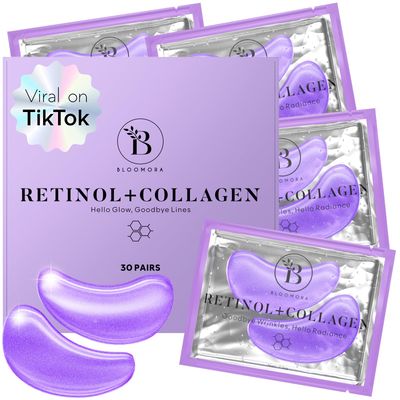BLOOMORA Retinol &amp; Collagen Under Eye Patches 30 Pairs Under Eye Patches for Dark Circles and Puffy Eyes, Under Eye Mask, Puffy Eyes Treatment
