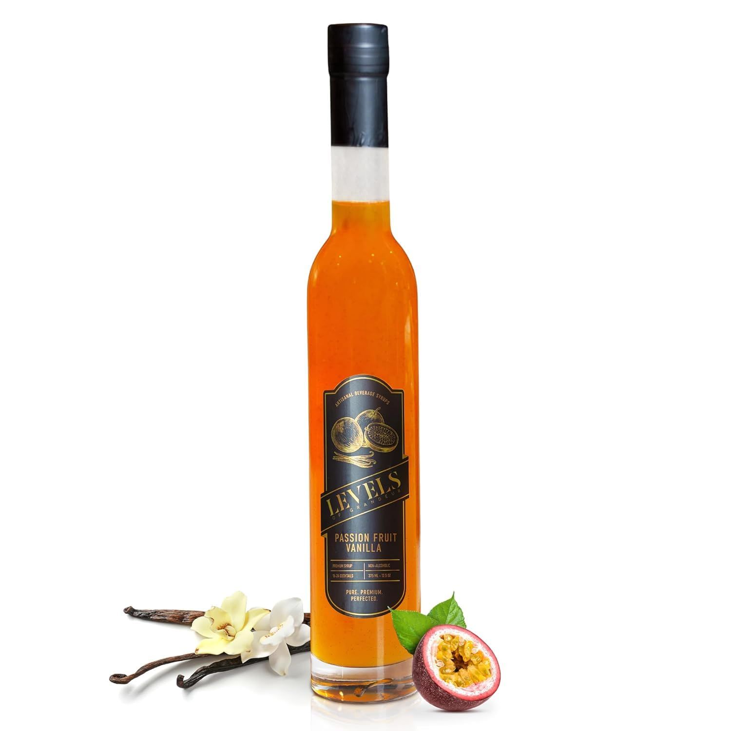 Levels of Grandeur Passion Fruit Vanilla Syrup for Coffee -Passion Fruit &amp; Madagascar Vanilla Bean -All-Natural &amp; Gluten-Free -Perfect for Cocktails Mix, Mocktails, Coffee, Tea &amp; Desserts - 12.7 fl oz