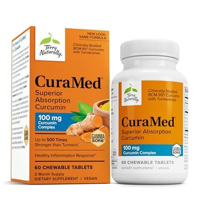 Terry Naturally CuraMed 100 mg Curcumin Complex - Enhanced Absorption Curcumin Supplement with Turmeric - Brain &amp; Liver Health Support Supplement - Vegan Dietary Supplement - 60 Chewable Tablets