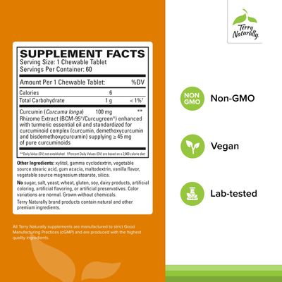 Terry Naturally CuraMed 100 mg Curcumin Complex - Enhanced Absorption Curcumin Supplement with Turmeric - Brain &amp; Liver Health Support Supplement - Vegan Dietary Supplement - 60 Chewable Tablets