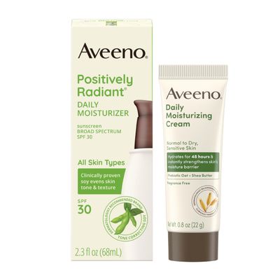 Aveeno Skincare Bundle, Positively Radiant Daily Facial Moisturizer with SPF 30 Sunscreen Soy, 2.3 fl. oz, &amp; Trial Size Daily Moisturizing Cream for Body, Face, &amp; Hands, 0.8 oz, Two Pack, 2 Items
