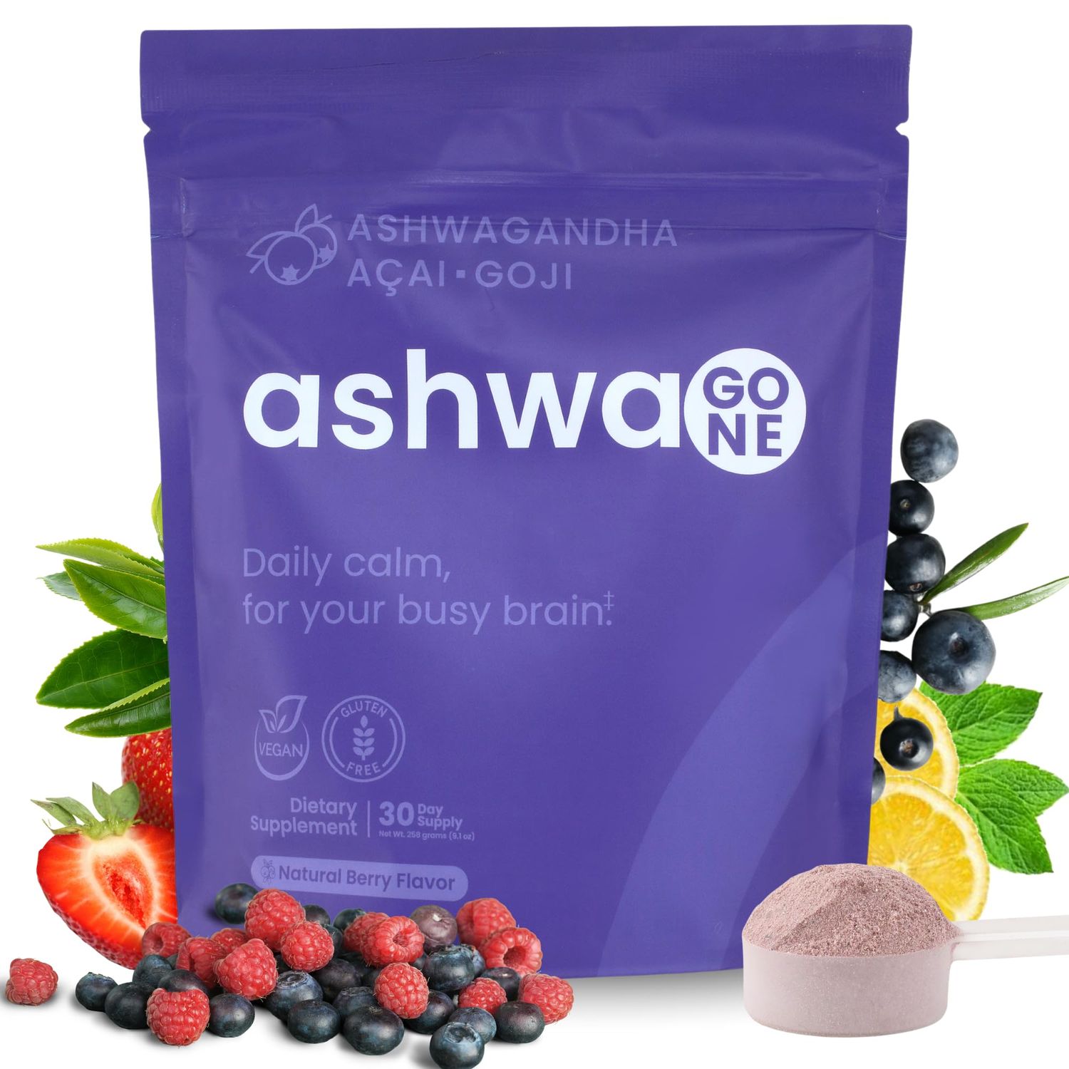 Stress Relief &amp; Mood Support Drink Mix - Ashwagandha, KSM-66, Acai, Goji, Lemon Balm, GABA, L-Theanine - Adaptogen Powder with Magnesium - Vegan, Non-GMO, Gluten Free - 30 Servings