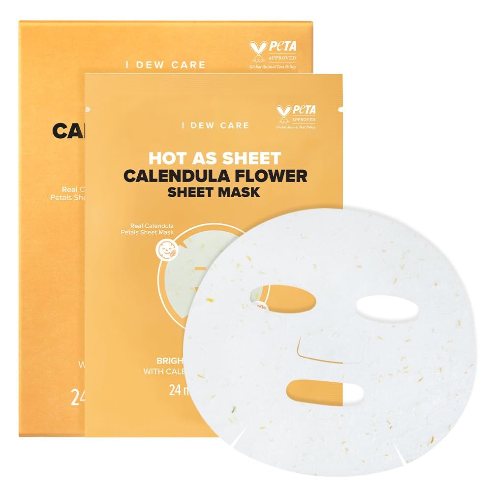 I DEW CARE Real Herb Calendula Sheet Face Mask - Hot As Sheet Korean Face Masks Skincare, Moisturizing and Calming for Dry Skin with Calendula Flower Extract, 2 Niacinamide, 10EA